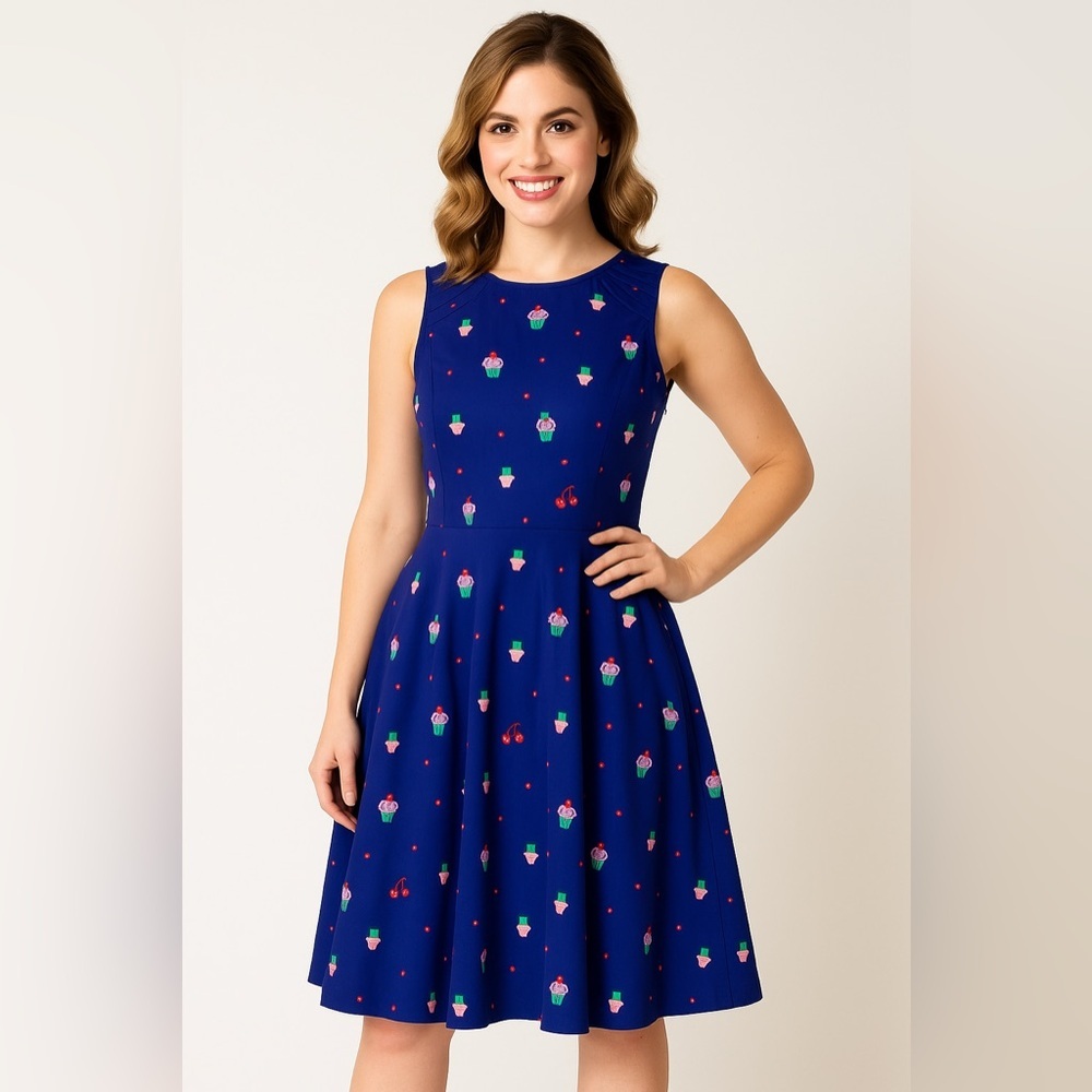 Unique Vintage Gwynnie Bee Cupcake Print Navy Dress, 0X‎